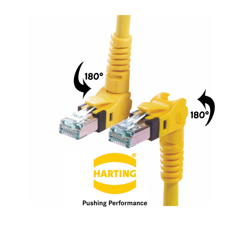 Patch cable Cat 6A SFTP yellow 180 degree flexible at both ends HARTING
